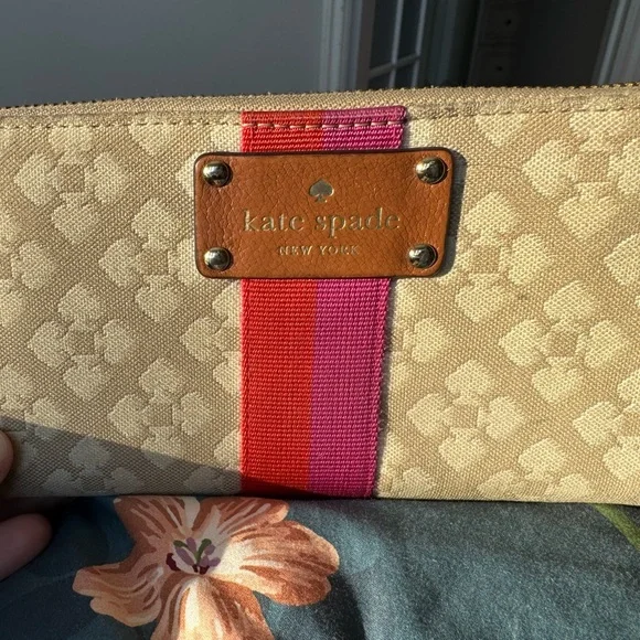Kate Spade Tan Clutch Wallet with Red and Purple Stripe - Picture 2 of 6